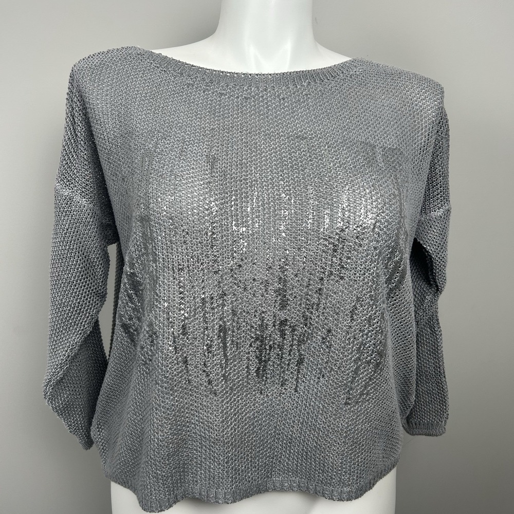 AMOROSA silver metallic, open-stitch knit long-sleeve sweater Size L/XL